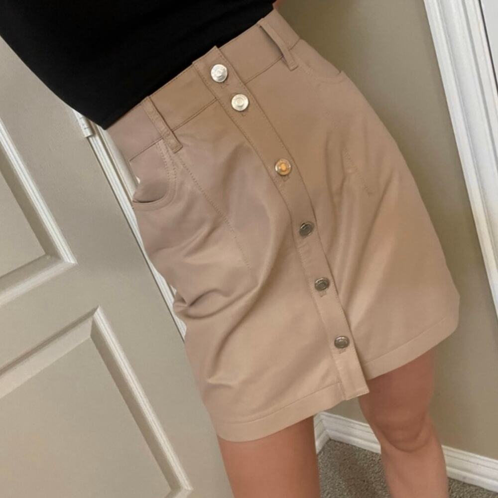IRO Igonia Button Front Nude Beige High Waisted Lamb Leather Mini Skirt 36 S